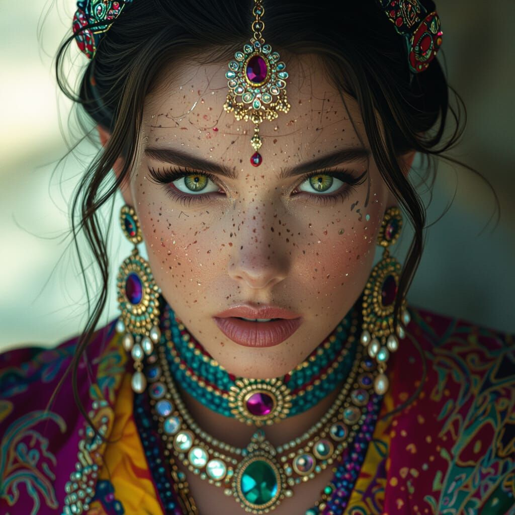 Frightened Woman in Futuristic Fashion with Dazzling Jewelry