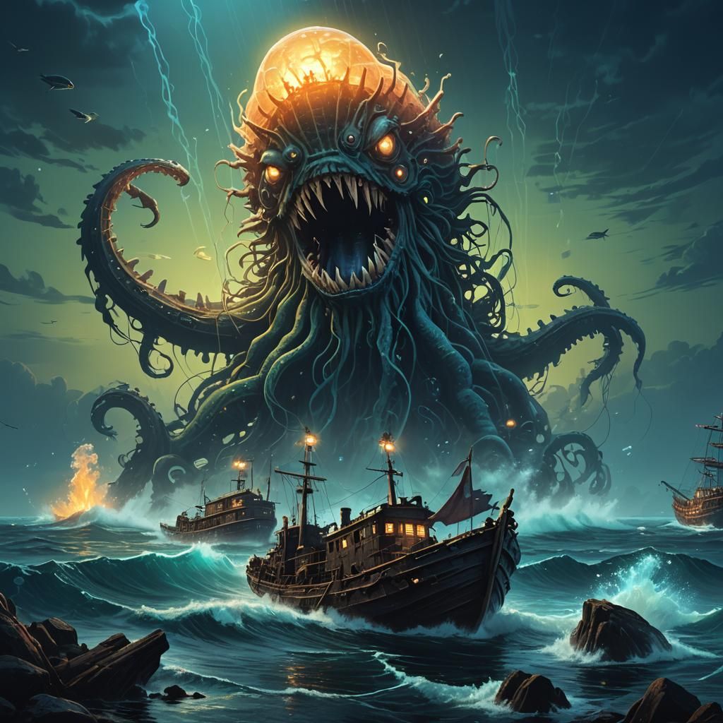 Bioluminescent Sea Monster Emerges from Deep Ocean