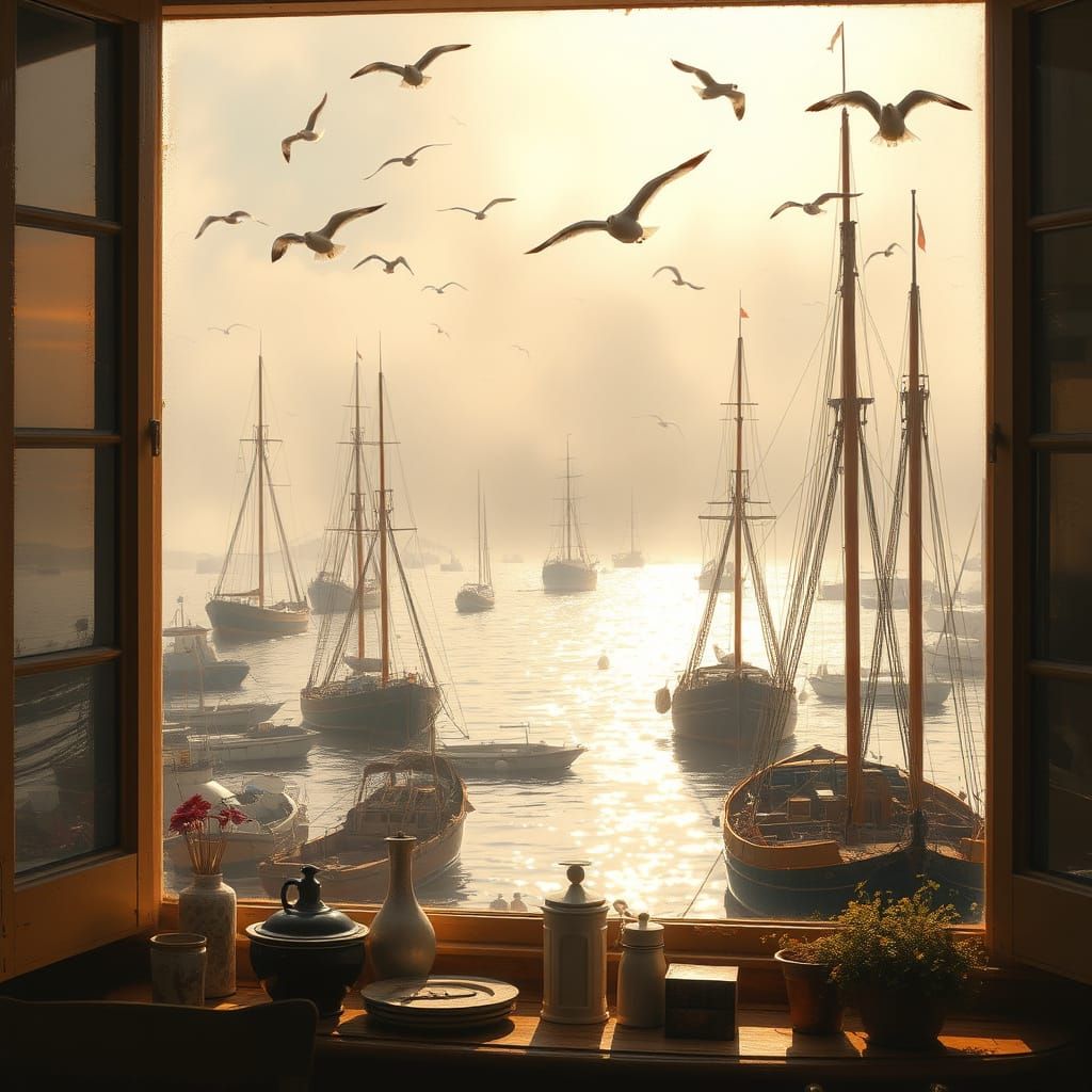 Golden Morning in a Bustling Sea Port, in the Style of Turne...