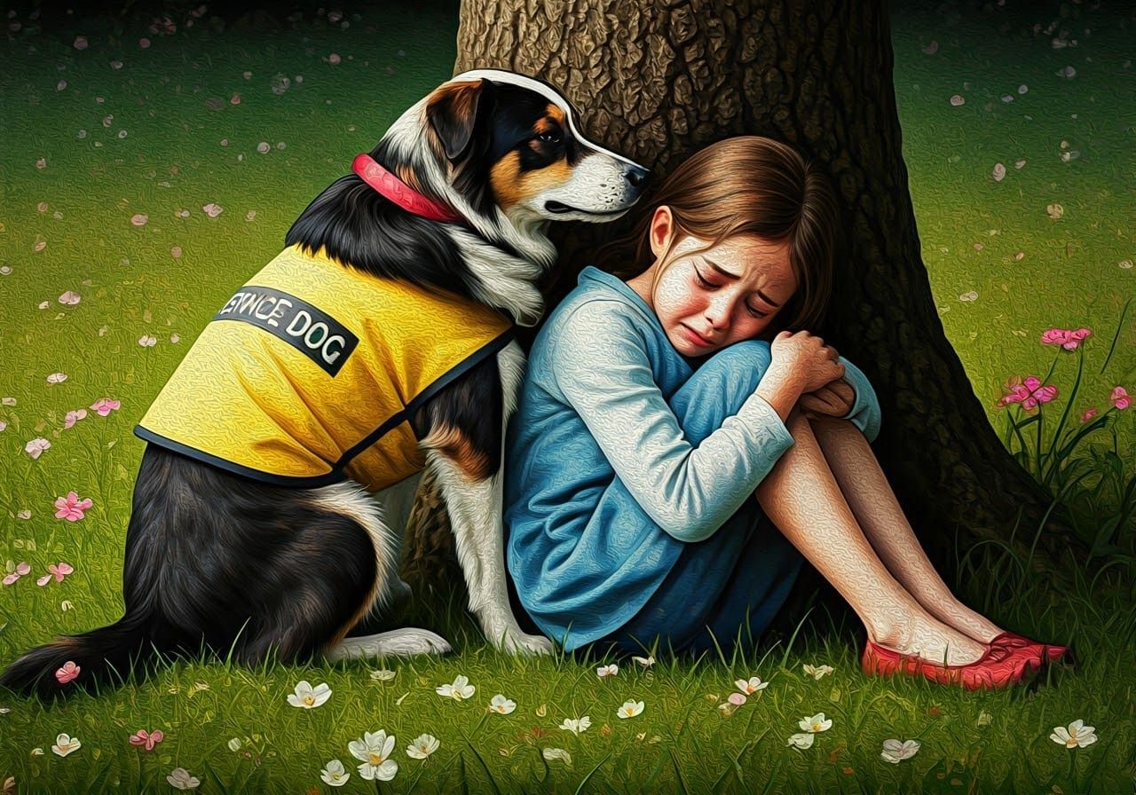 Girl Comforted by Service Dog in Ukiyo-e Style