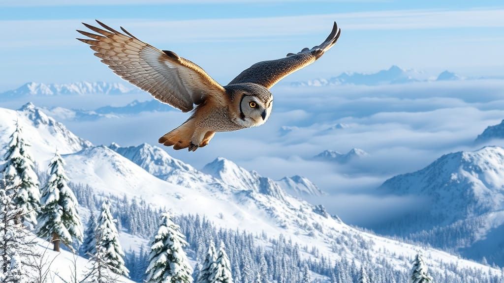 Ethereal Owl Soars Through Snow-Capped Mountains