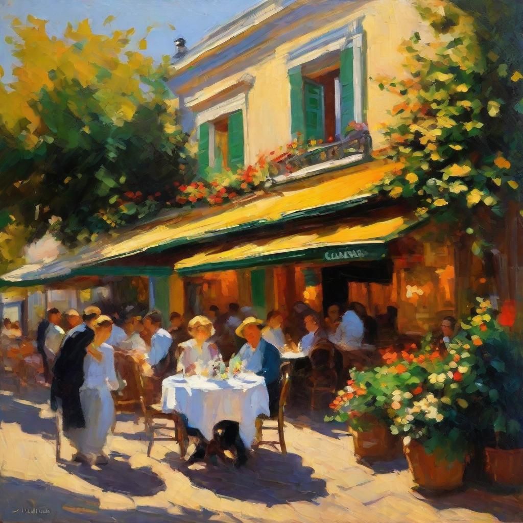 Bustling Restaurant Corner in Impressionist Oil Painting