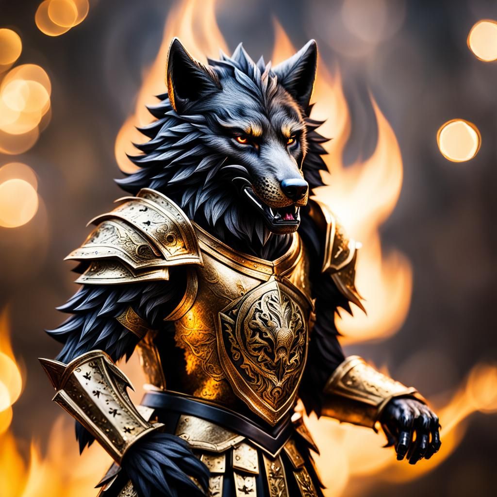 Armored Black Wolf in Firelight: Professional Photography