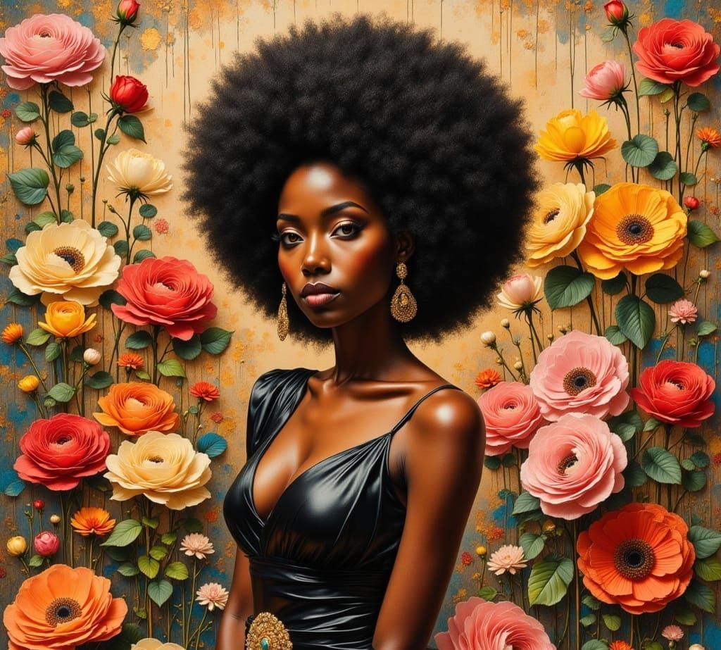 Surreal Afro Goddess with Vibrant Artwork and Roses