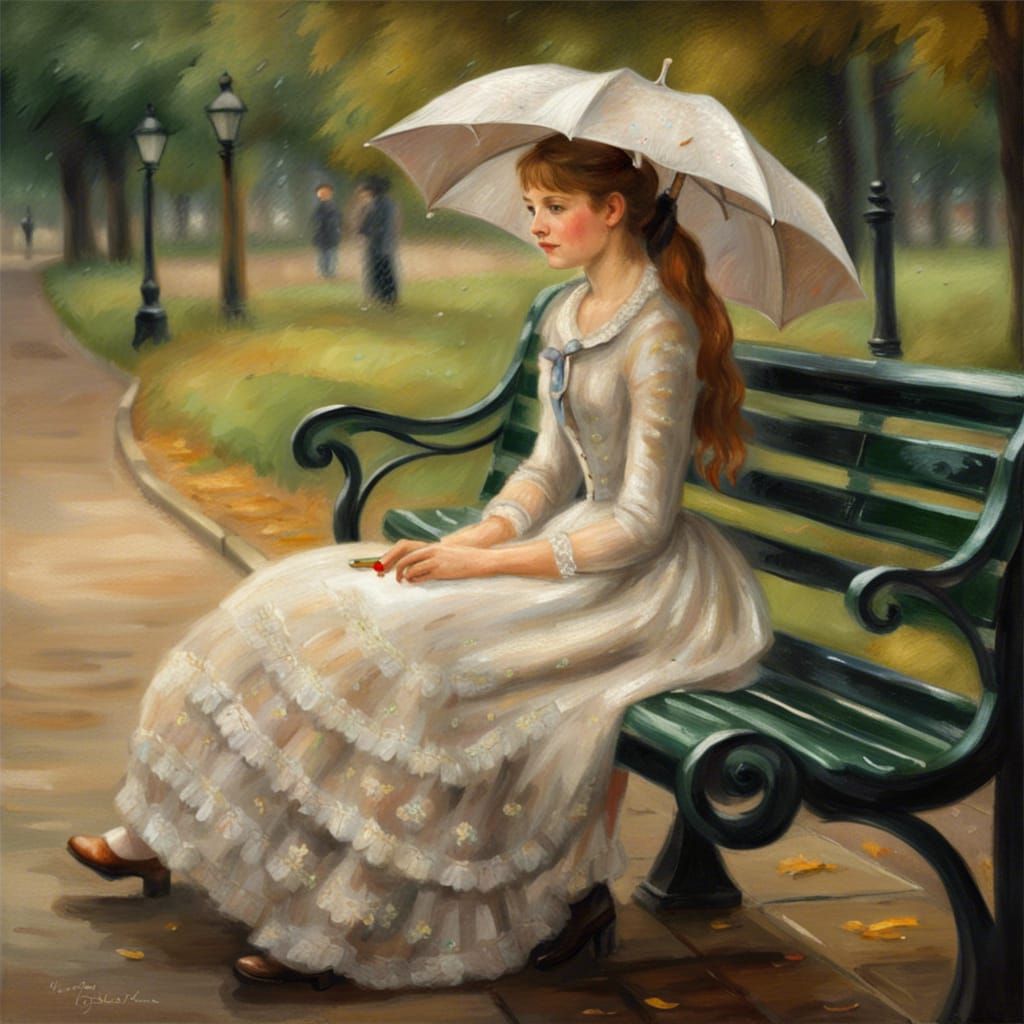 Girl on Bench in Rain: Impressionist Style