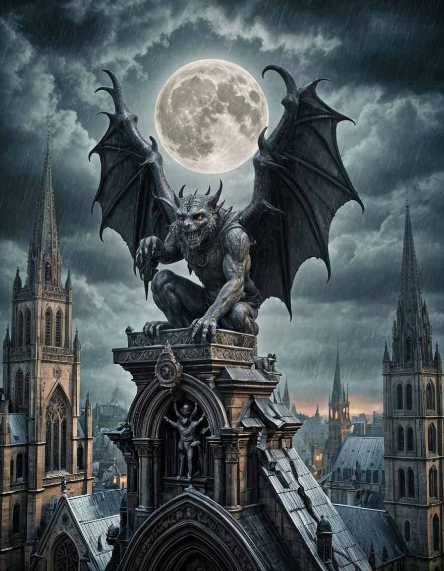 Gothic Gargoyle Under Moonlight in Detailed Matte Painting