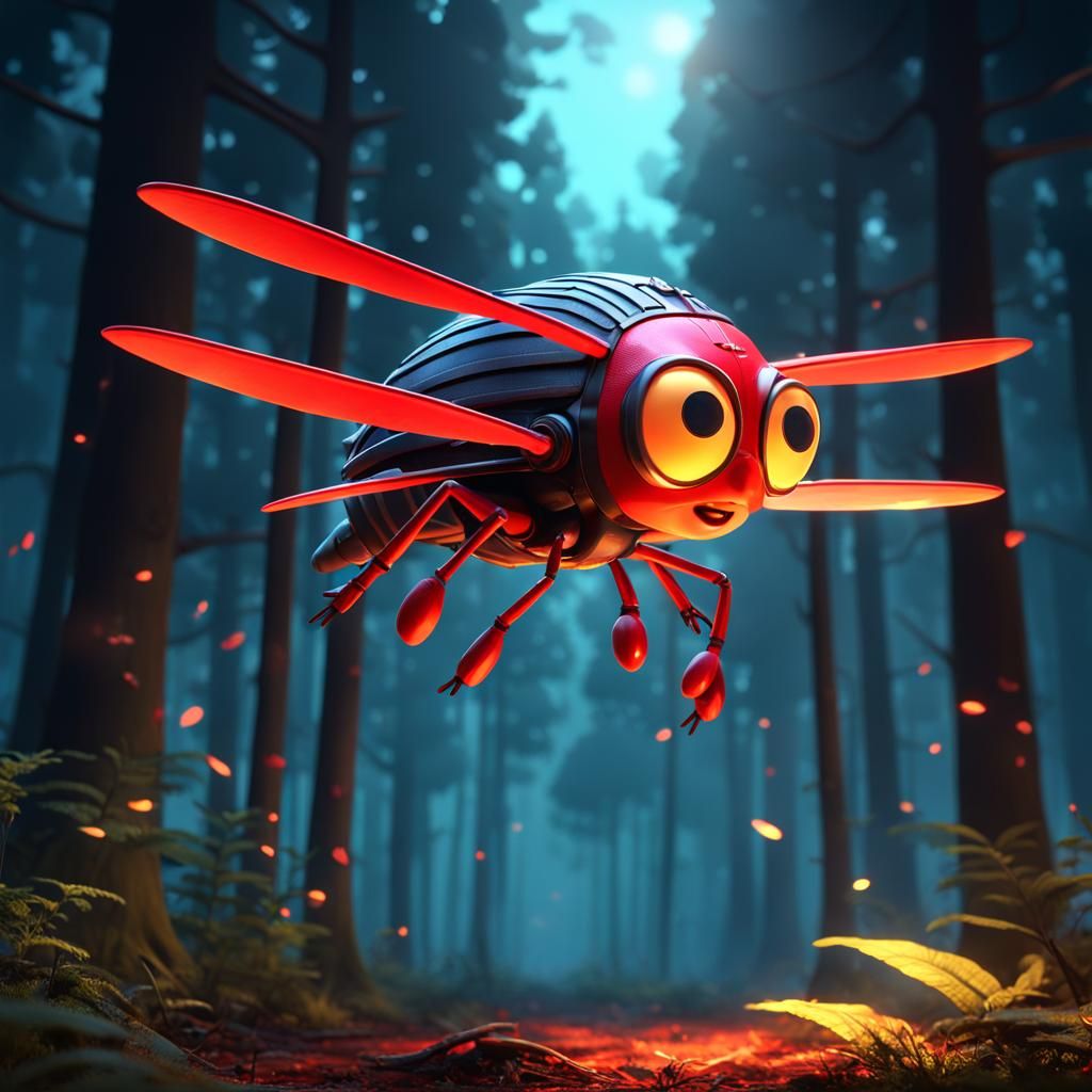 Supercharged Firefly in Dark Forest: 3D Digital Art