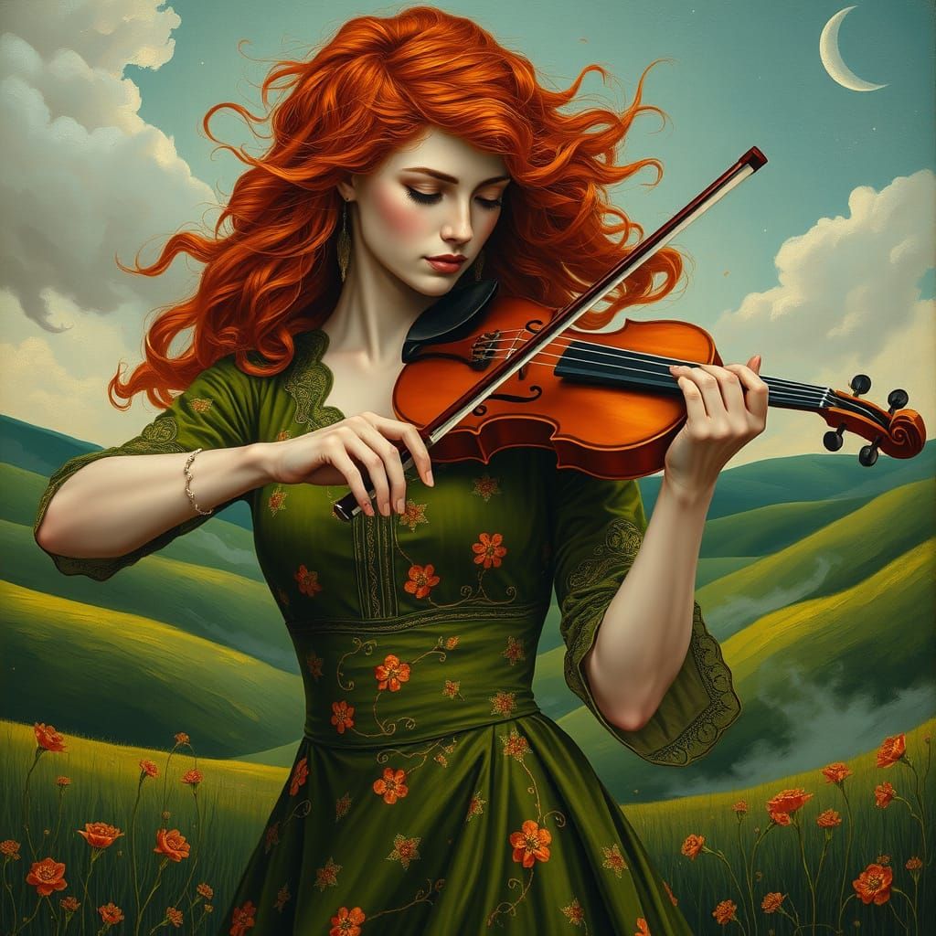 Vibrant Celtic Goddess Plays Fiddle in Whimsical Landscape