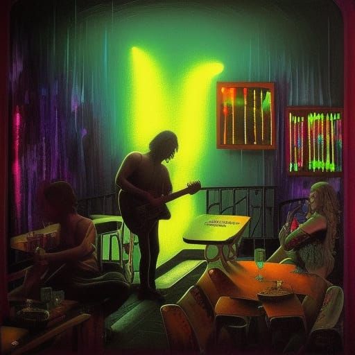 Neon Guitarist in Gloomy Renaissance Blacklight Scene