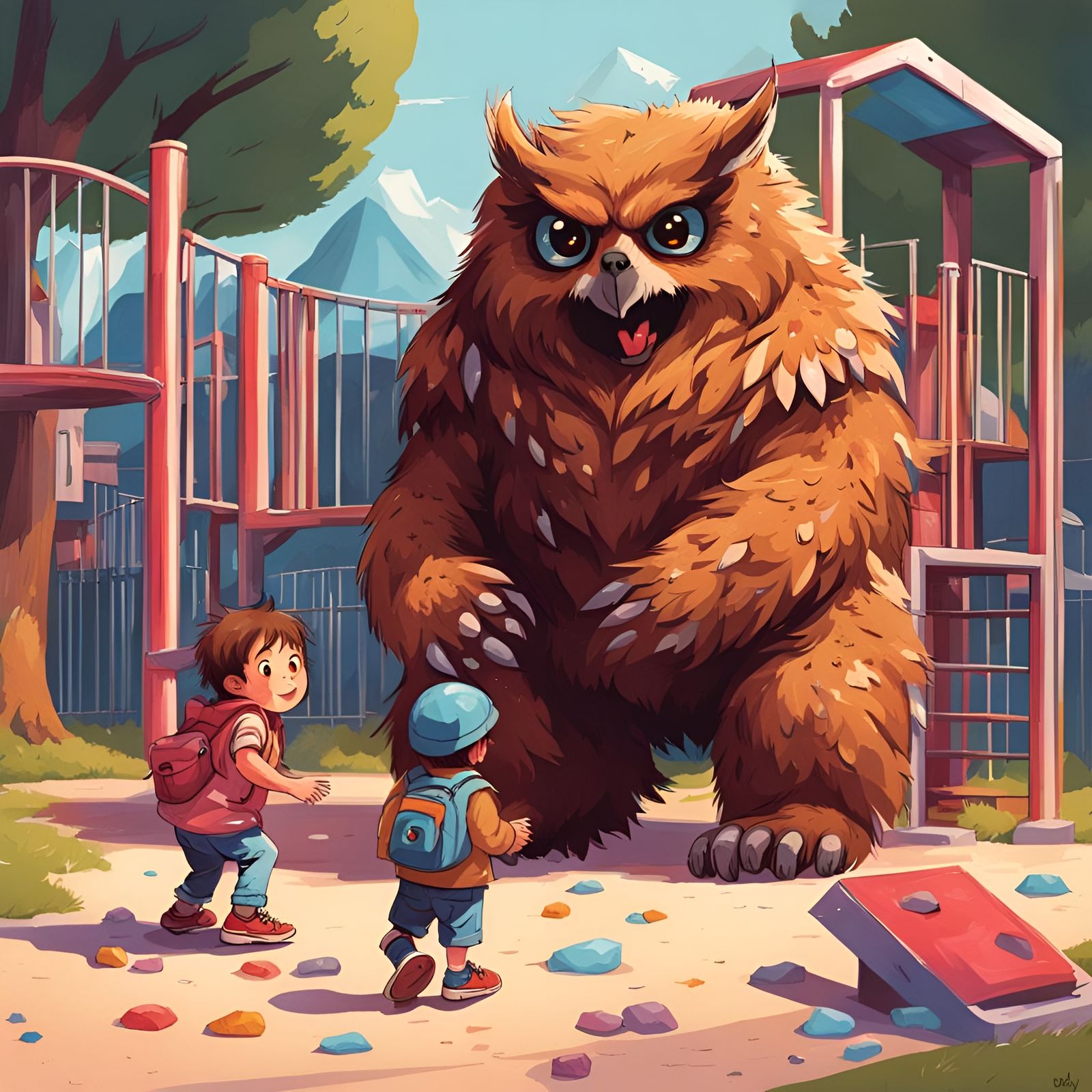 Owlbear Fun in a Modern Playground: 80s Fantasy Art
