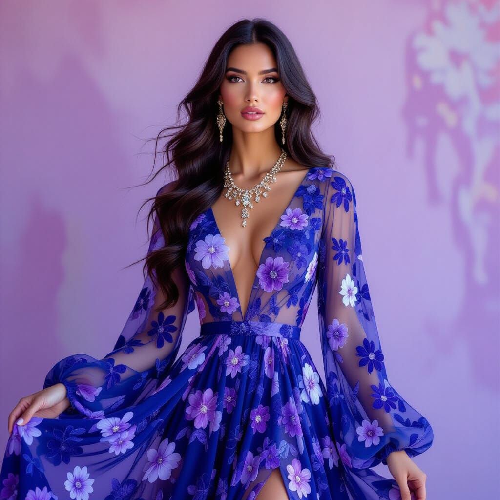 Full image, a stunning model, long lush dark hair, natural makeup, in an elegant long flowing deep blue floral dress, or...