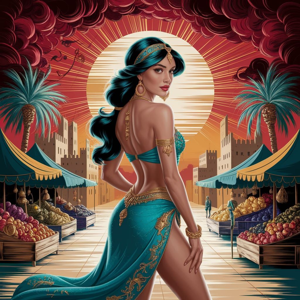 Jasmine in Teal Swimsuit at Agrabah Palace
