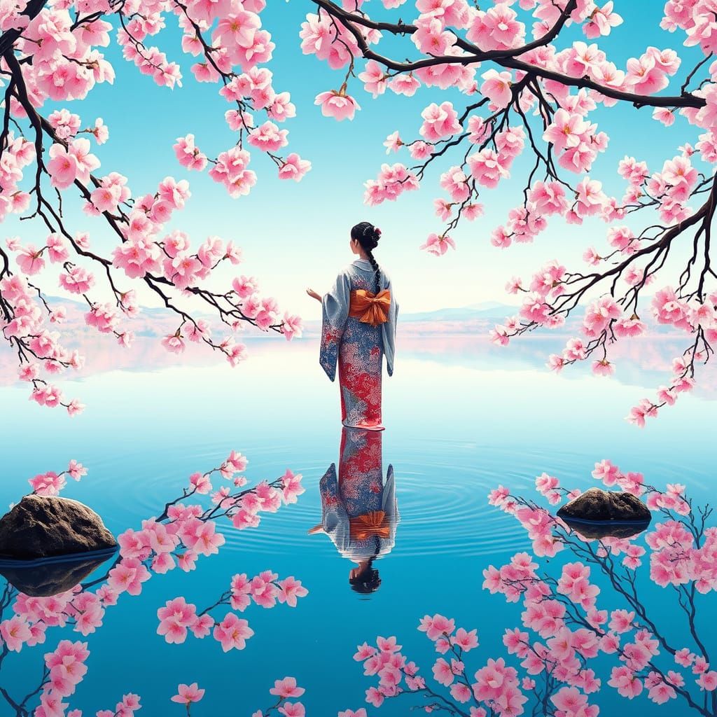 Ethereal Japanese Woman Among Cherry Blossoms in Serene Land...