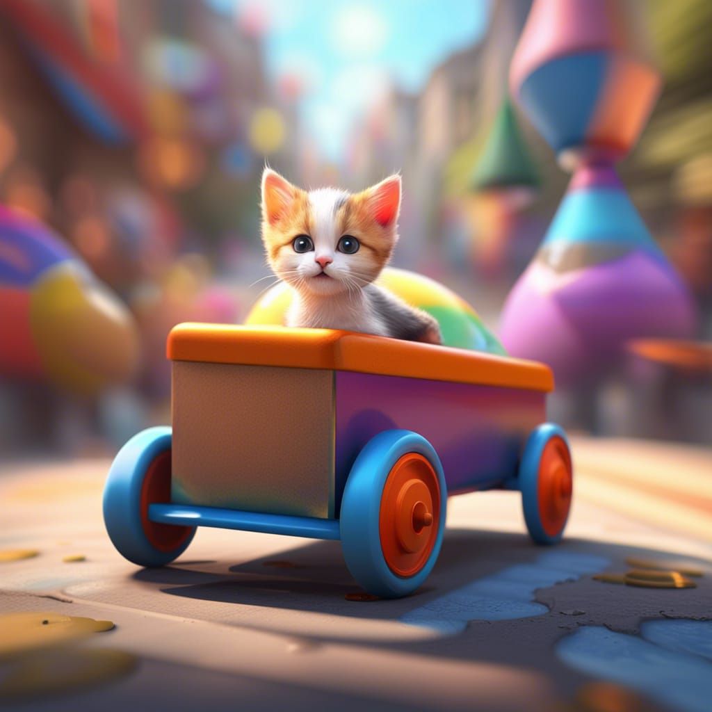 Calico Kitten Races in Soapbox Car, Photorealistic Style