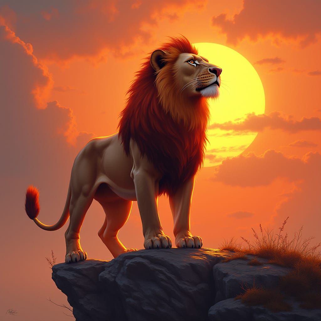 Fiery Lion on Cliff at Sunset: Digital Art