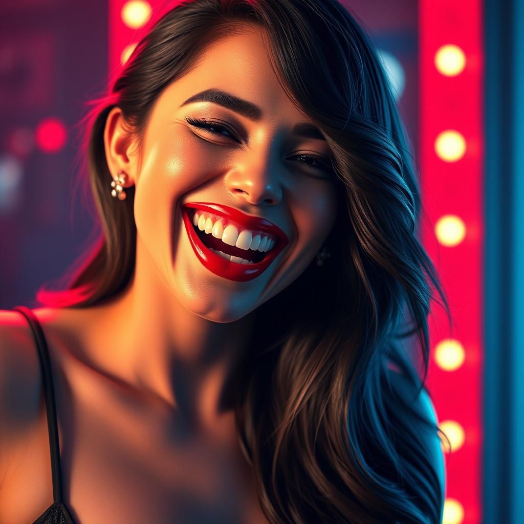 Laughing Brunette in Hyperrealistic Synthwave 3D Render