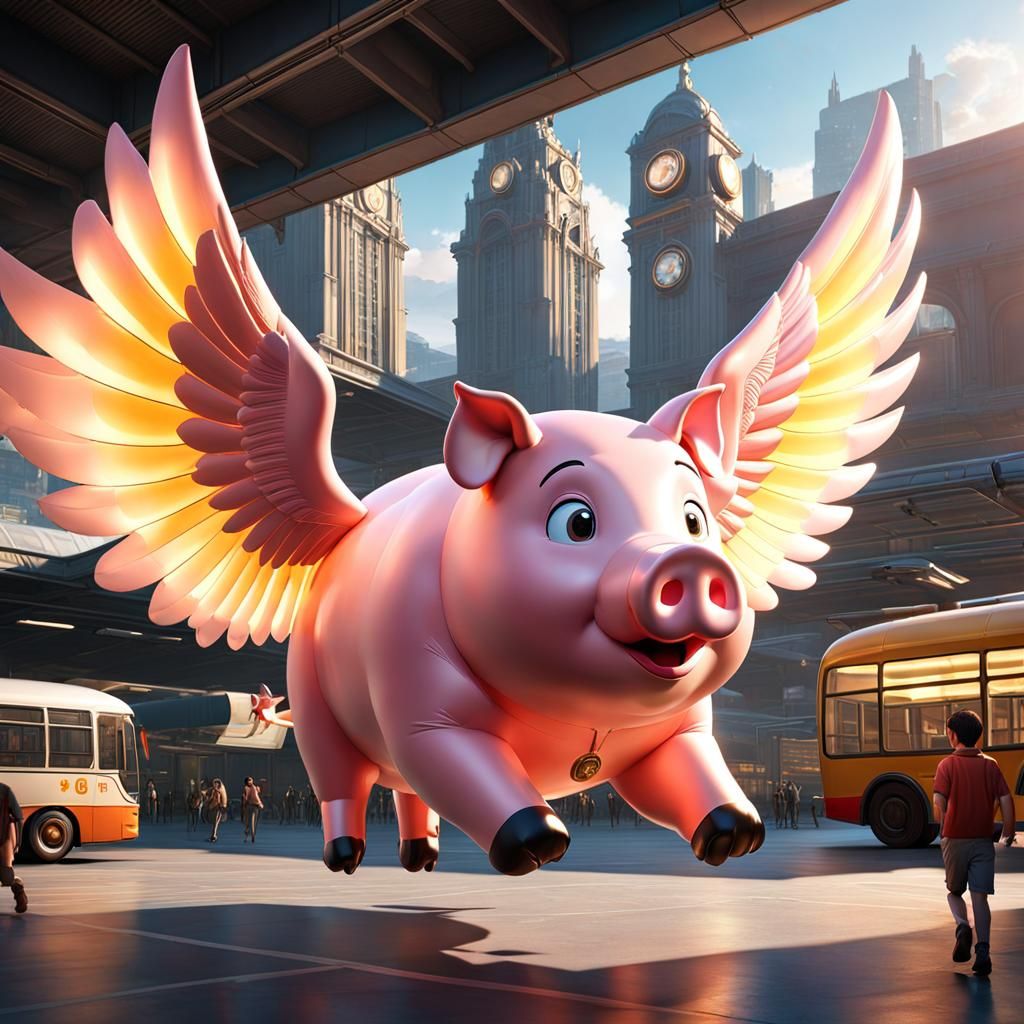 Inflatable Pig with Wings Over Bus Station