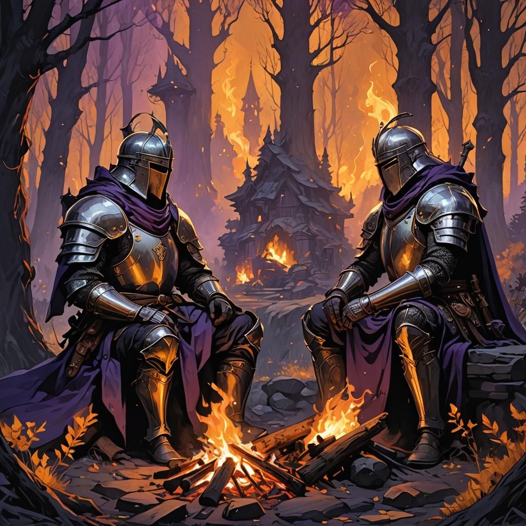 Knights Around Campfire in Dark Fantasy Style