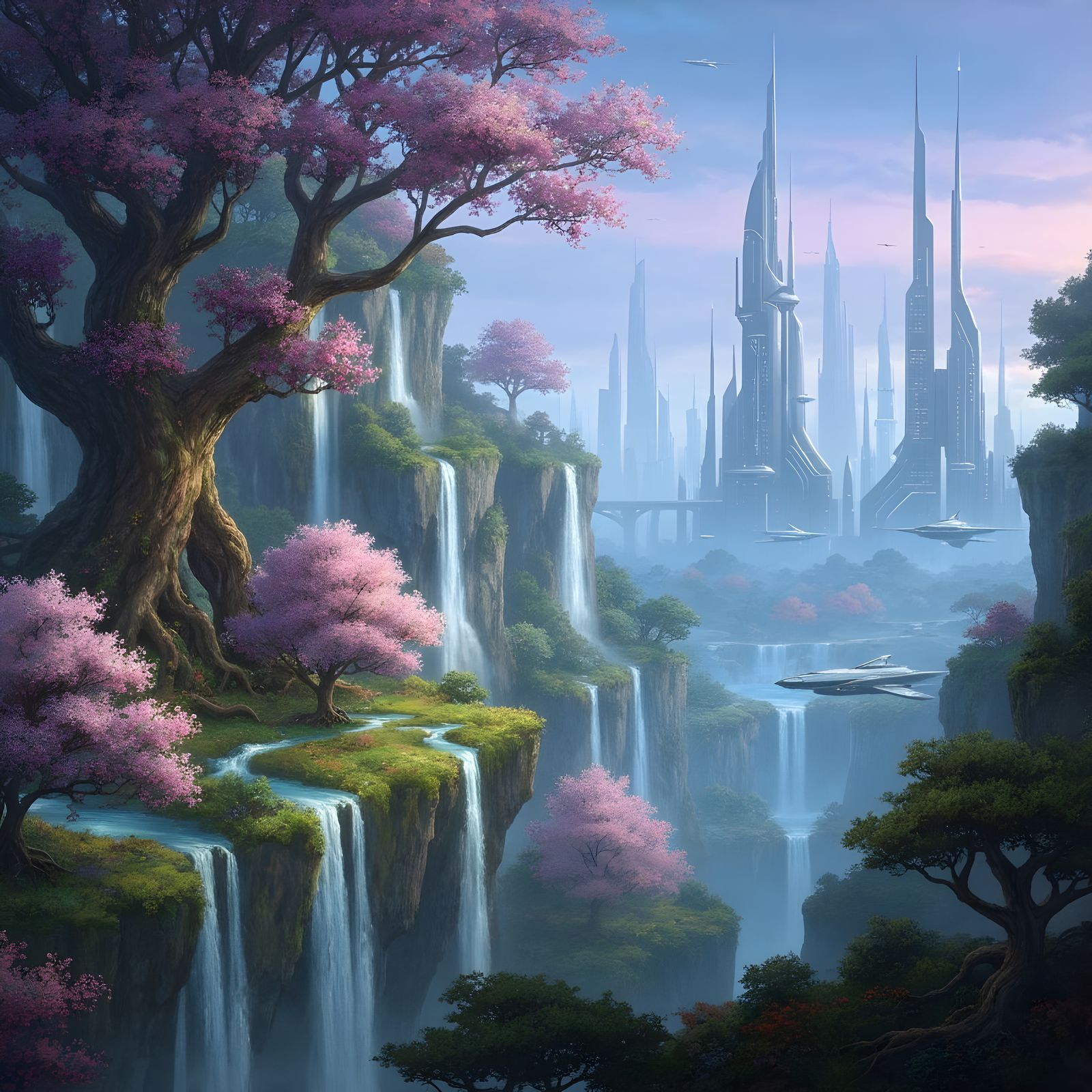 Nature Meets Futuristic Cityscapes in Fantasy Scene