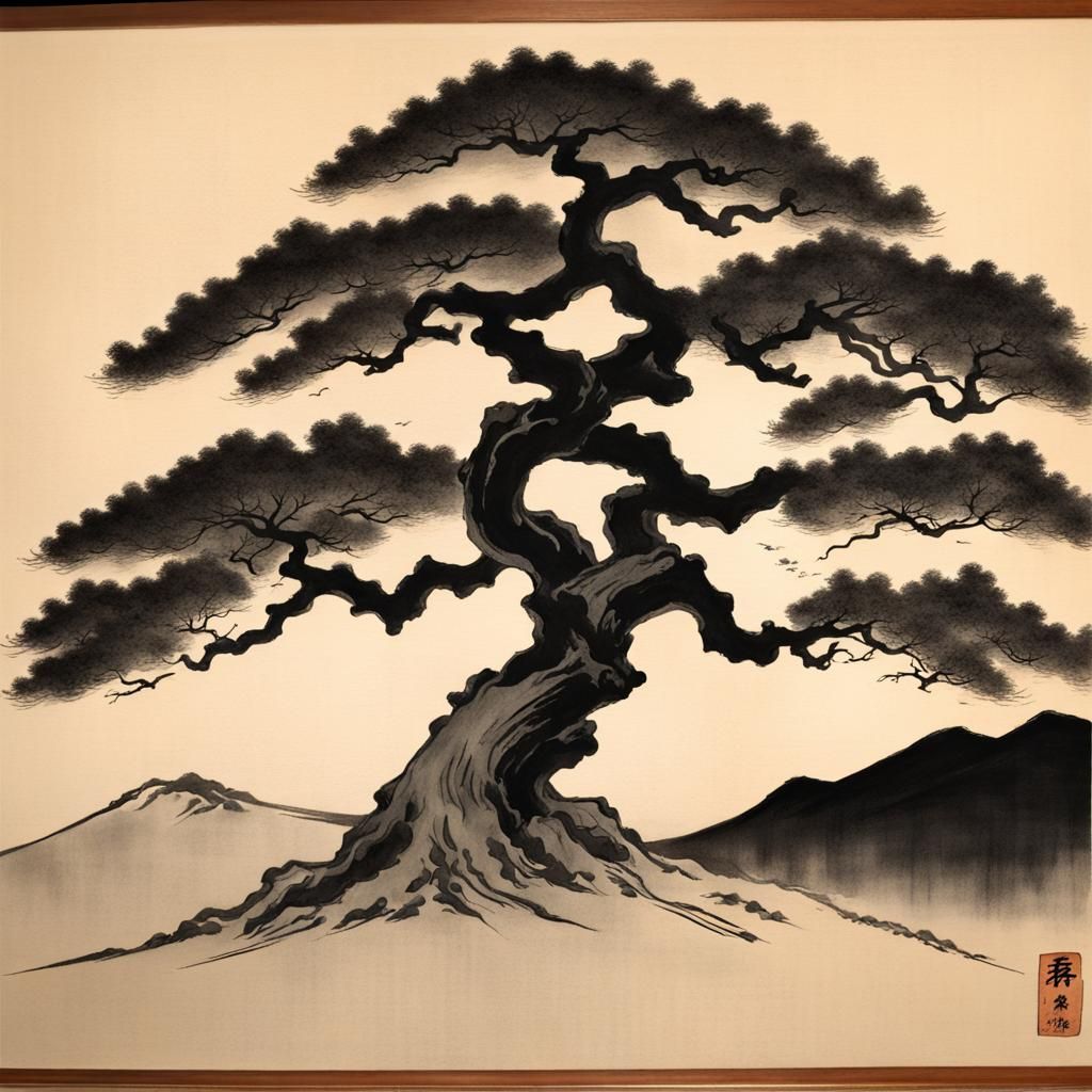 Spooky Ukiyo-e Charcoal Drawing of Ancient Tree