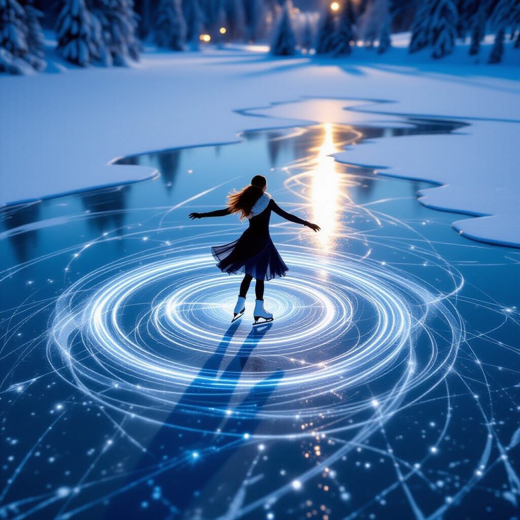 Female Ice Skater Spins on Frozen Lake Under Moonlight
