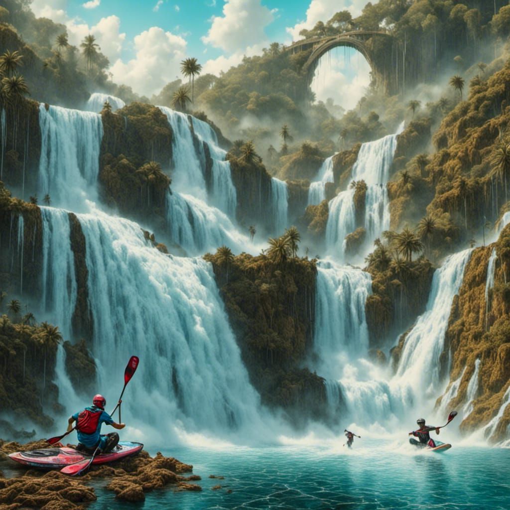 Kayaker Plunging Over Surreal Waterfall