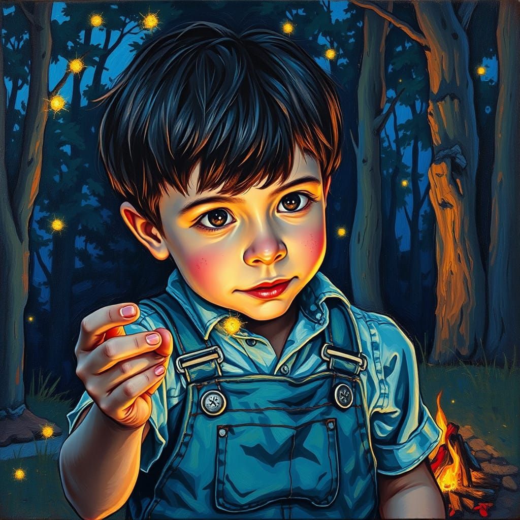 Boy Enthusiastically Catches Fireflies by Campfire