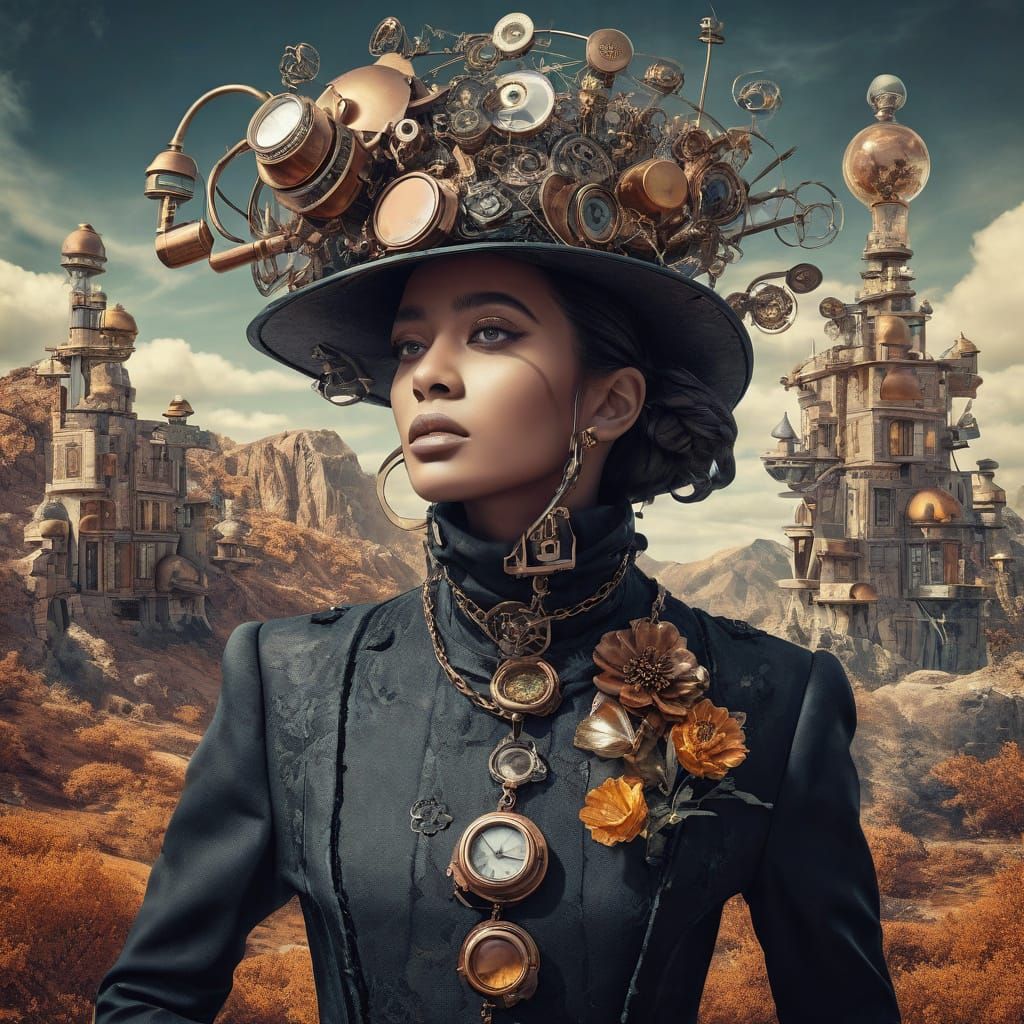 Cubist Surrealism Fashion Masterpiece in Steampunk Style