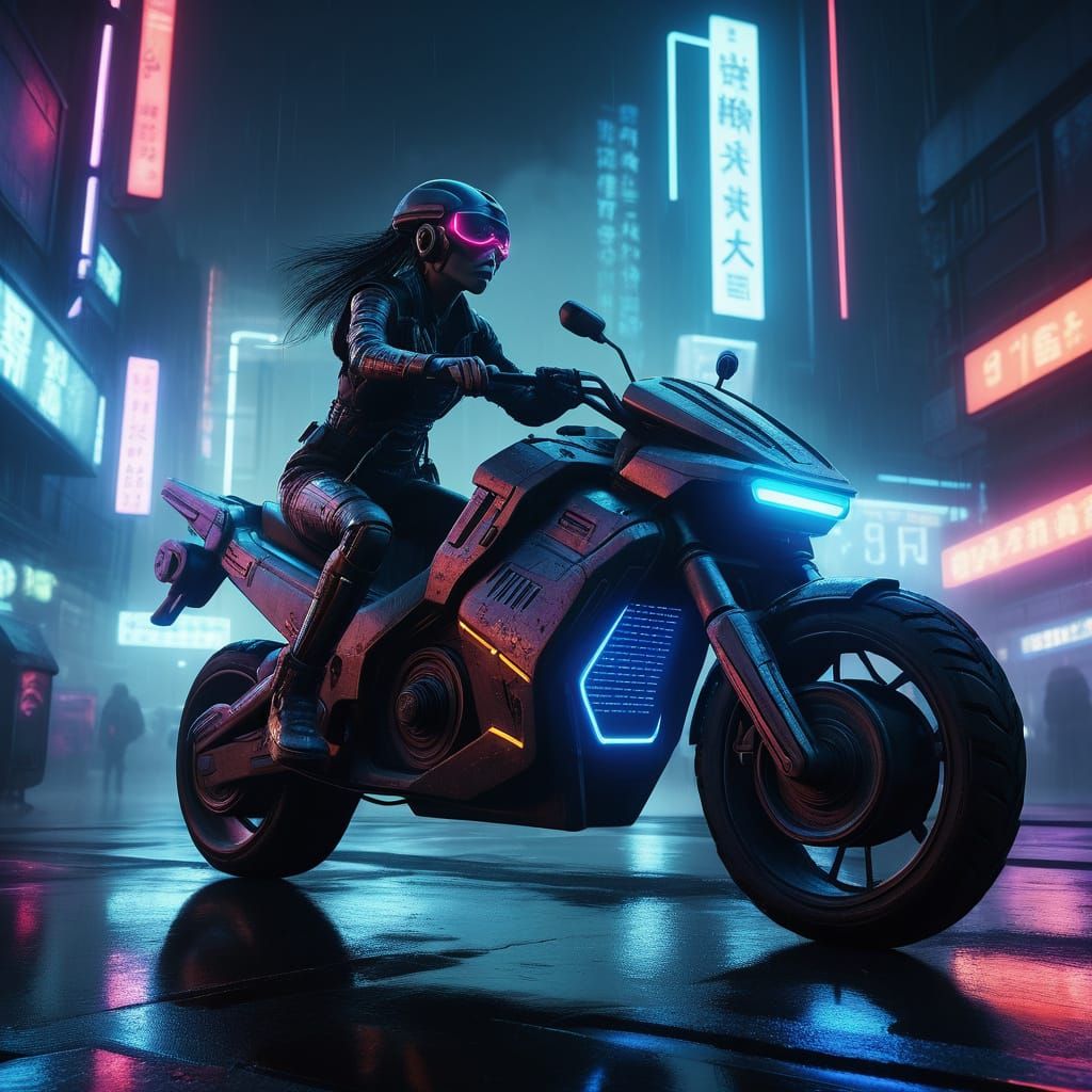Cyberpunk Heroine on Neon-Drenched Hoverbike