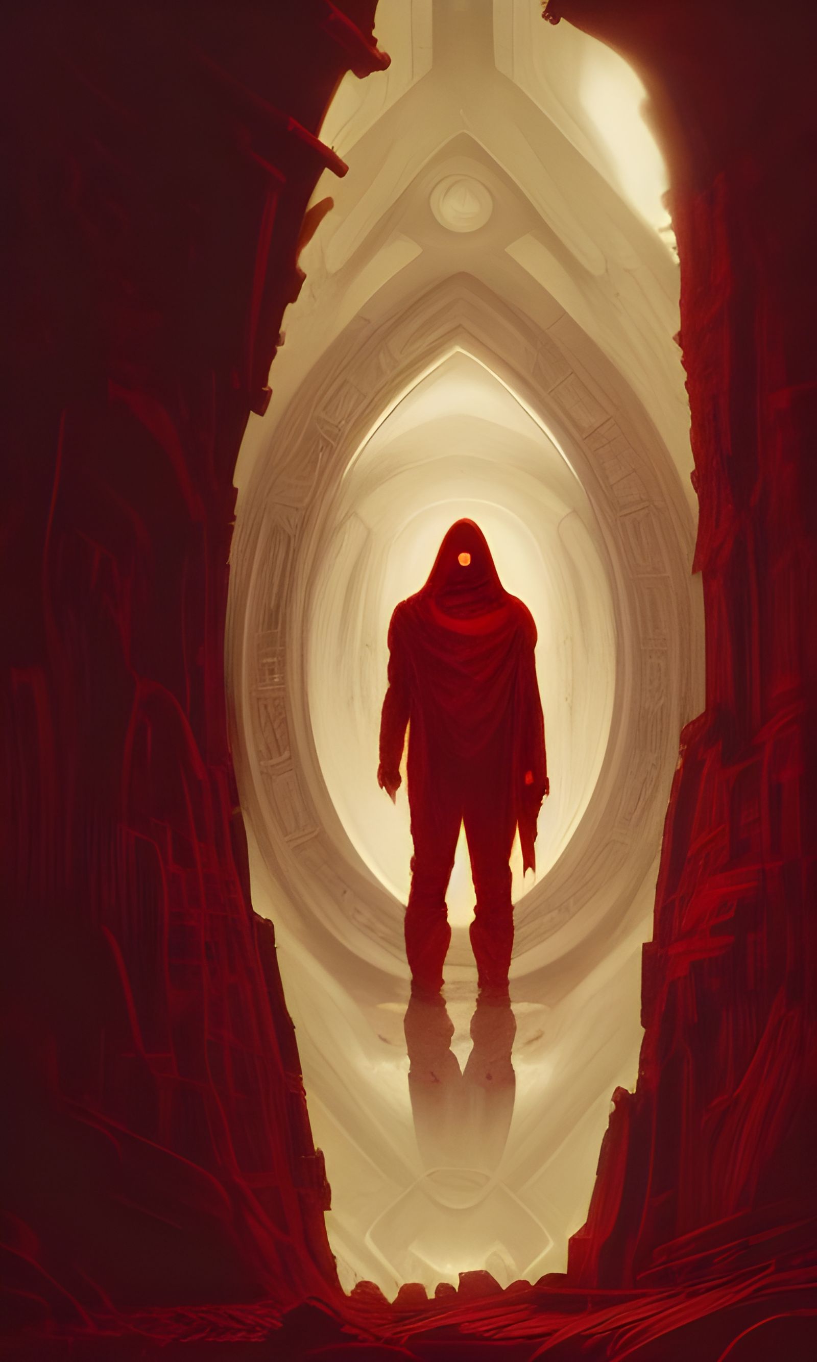 Doomed Reflection: Cloaked Figure in Romantic Retropunk Styl...