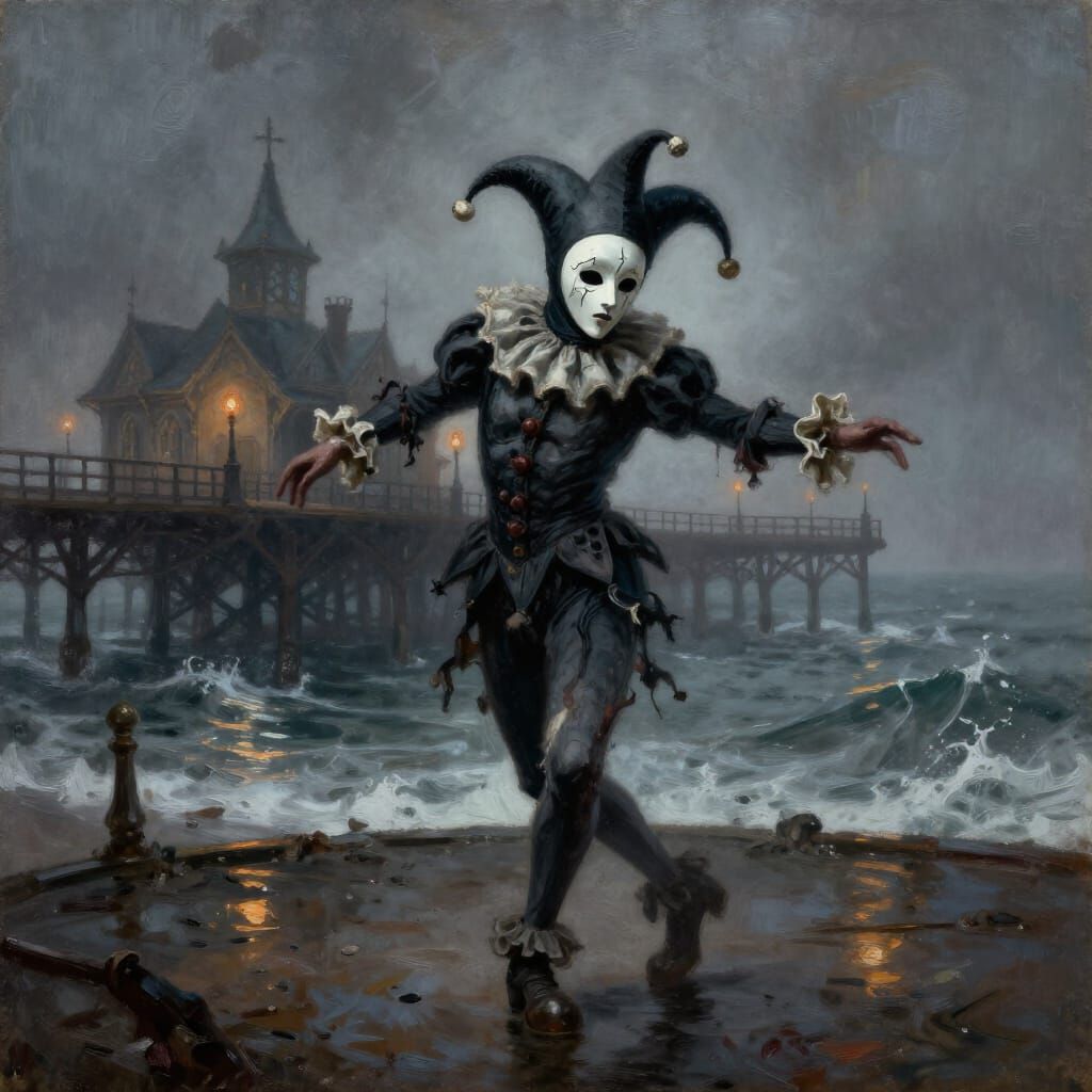 Spectral Jester's Sorrowful Dance on Foggy Victorian Pier