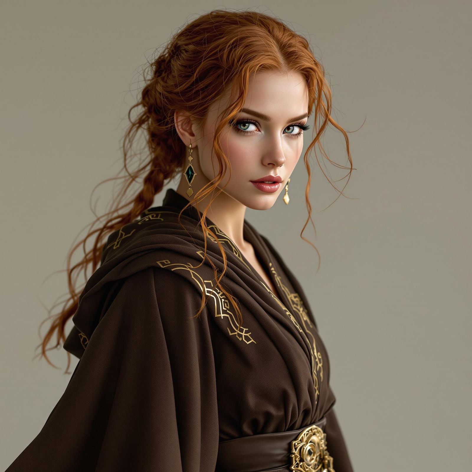 Enchanting Dark Brown Jedi Warrior with Intricate Gold Accen...