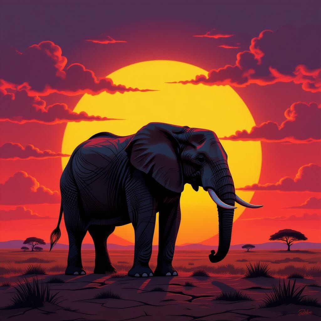 Ancient Elephant Silhouetted Against Surreal Sunset
