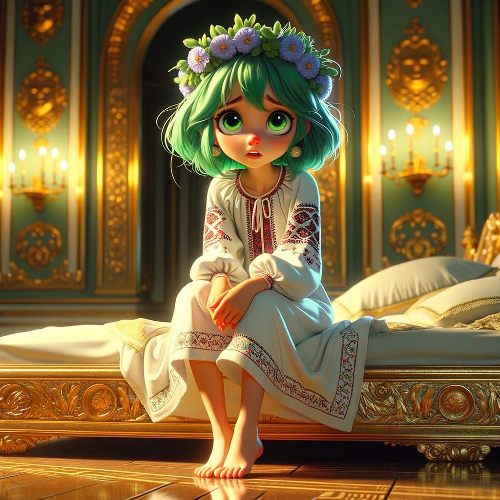 Green-Haired Girl in Ukrainian Dress with Periwinkle Wreath