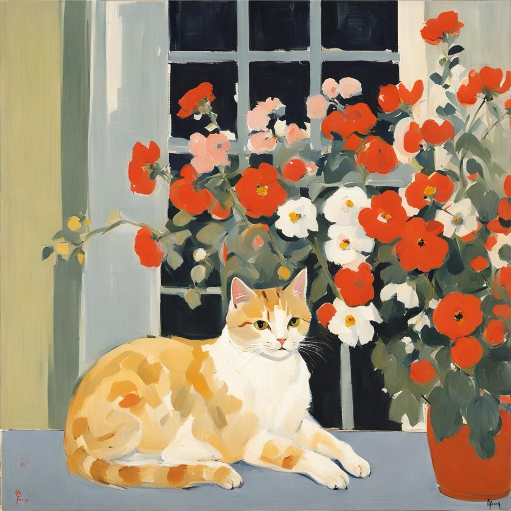 Cute Cat with Flowers in Realism Style