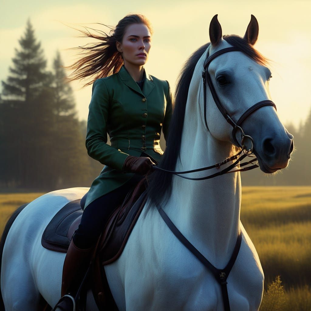 Young Brunette Horsewoman on Majestic Prancing Horse in Suns...