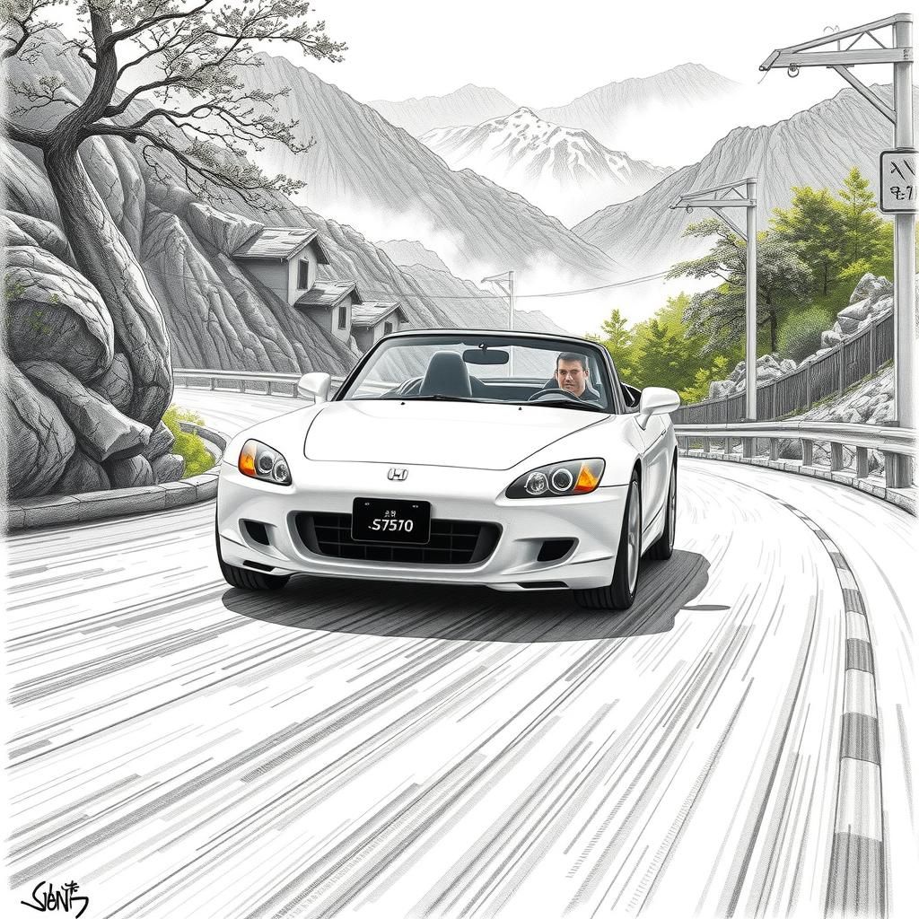 White honda s2000, pencil drawing ,japan scenery, mountain r...