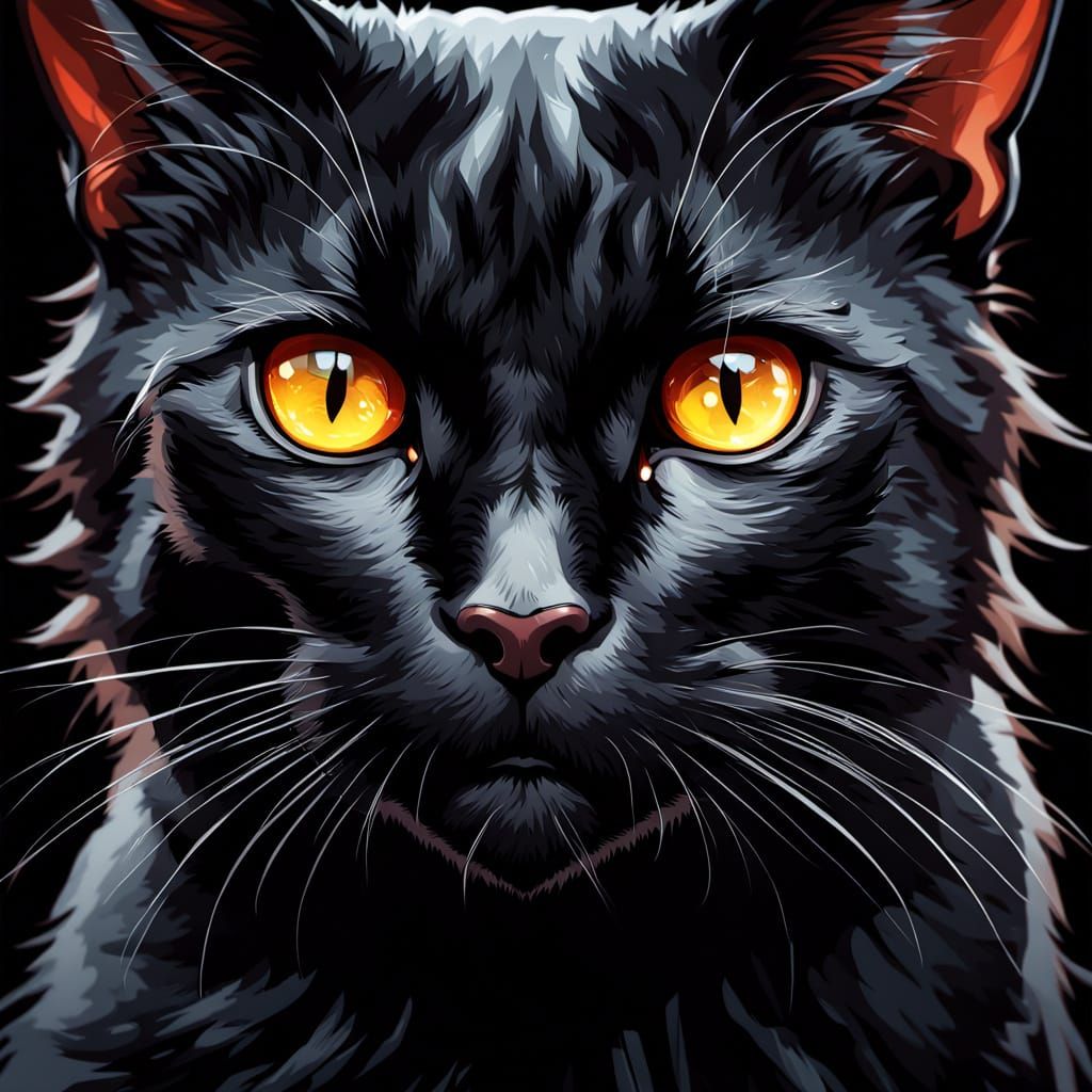 Fierce Black Cat in Naive Art Style with Realistic Texture