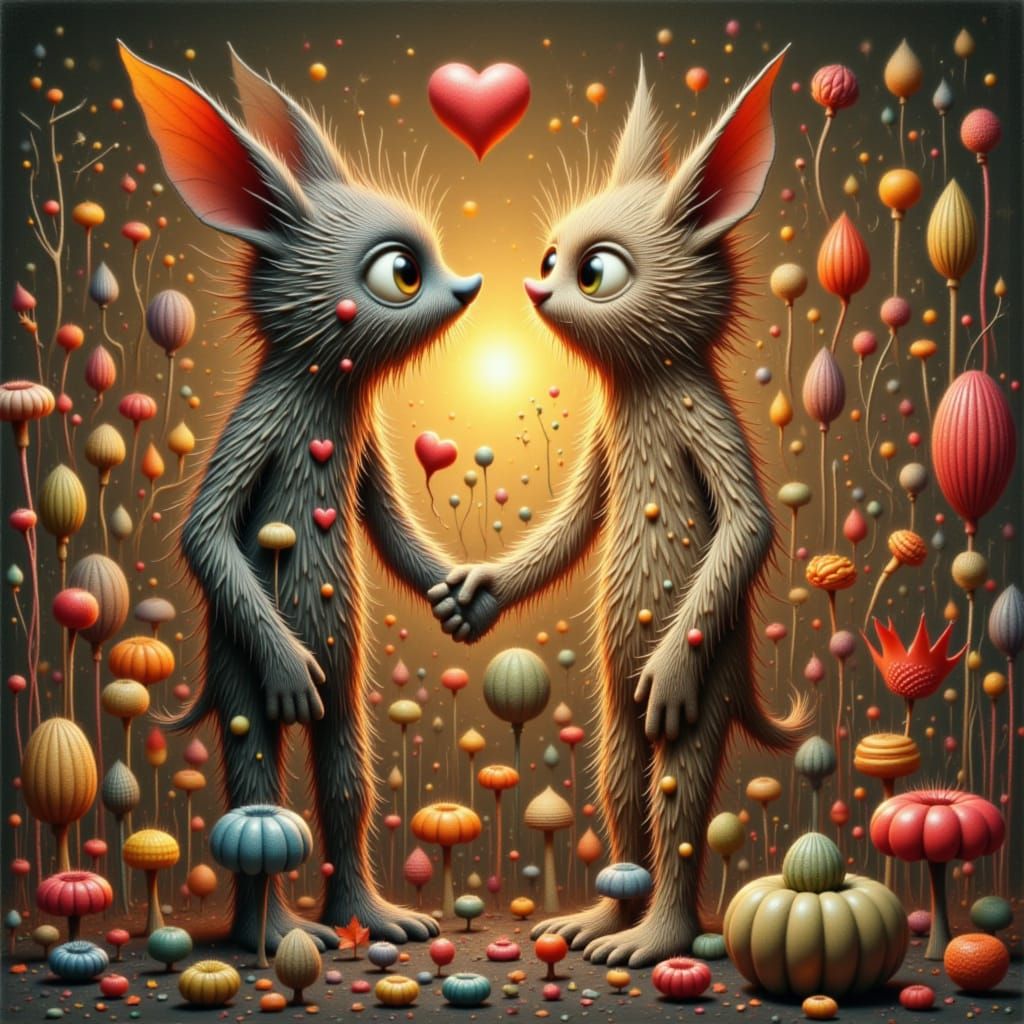 Whimsical Flora Creatures Kissing in Dreamlike Landscape