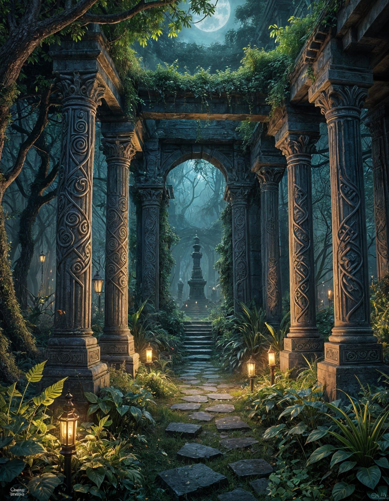 Creepy Runestone Garden at Night in Matte Painting Style