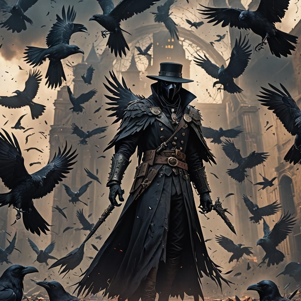 Raven Plague Doctor God with Feather Wings