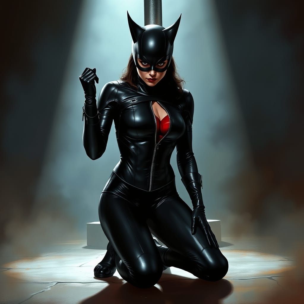 Catwoman in Dark, Gritty Leather Catsuit on Stage