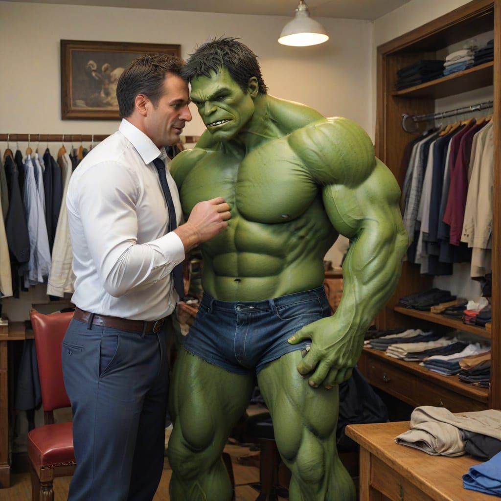 The Incredible Hulk at the Tailor in a Humorous Fashion Scen...