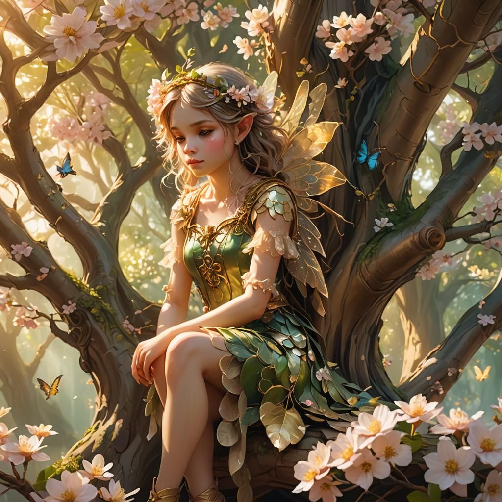 Fairy Girl in Blossom Tree House: Whimsical Digital Art