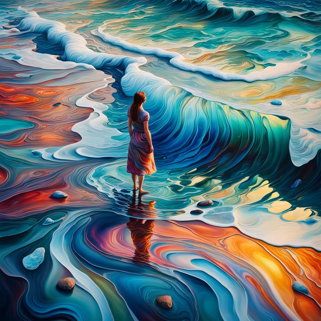 Dreamlike Woman on Glass Sea: Surreal Oil Painting