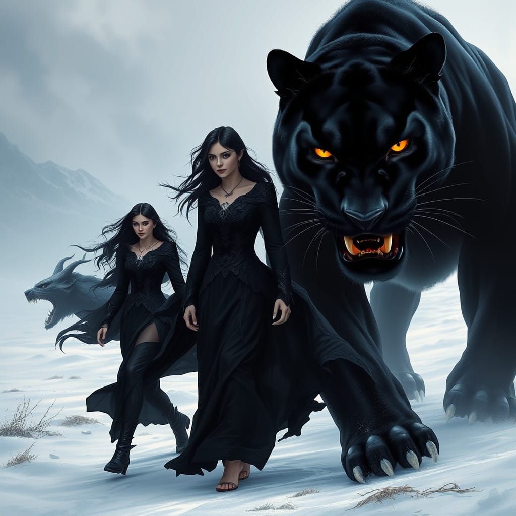 Elegant Woman Strolls with Majestic Black Panther through Sn...