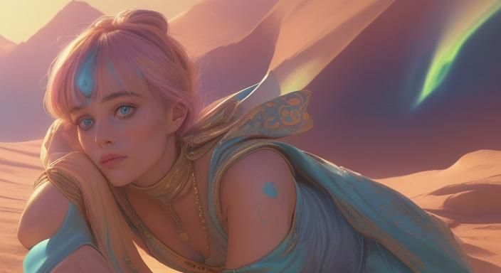 photorealistic (8k dslr ("Margot Robie" beautiful female genie)) WLOP bold colors mixed media 🎨💕 Very Nice!!!✨💯✨👏👏I...