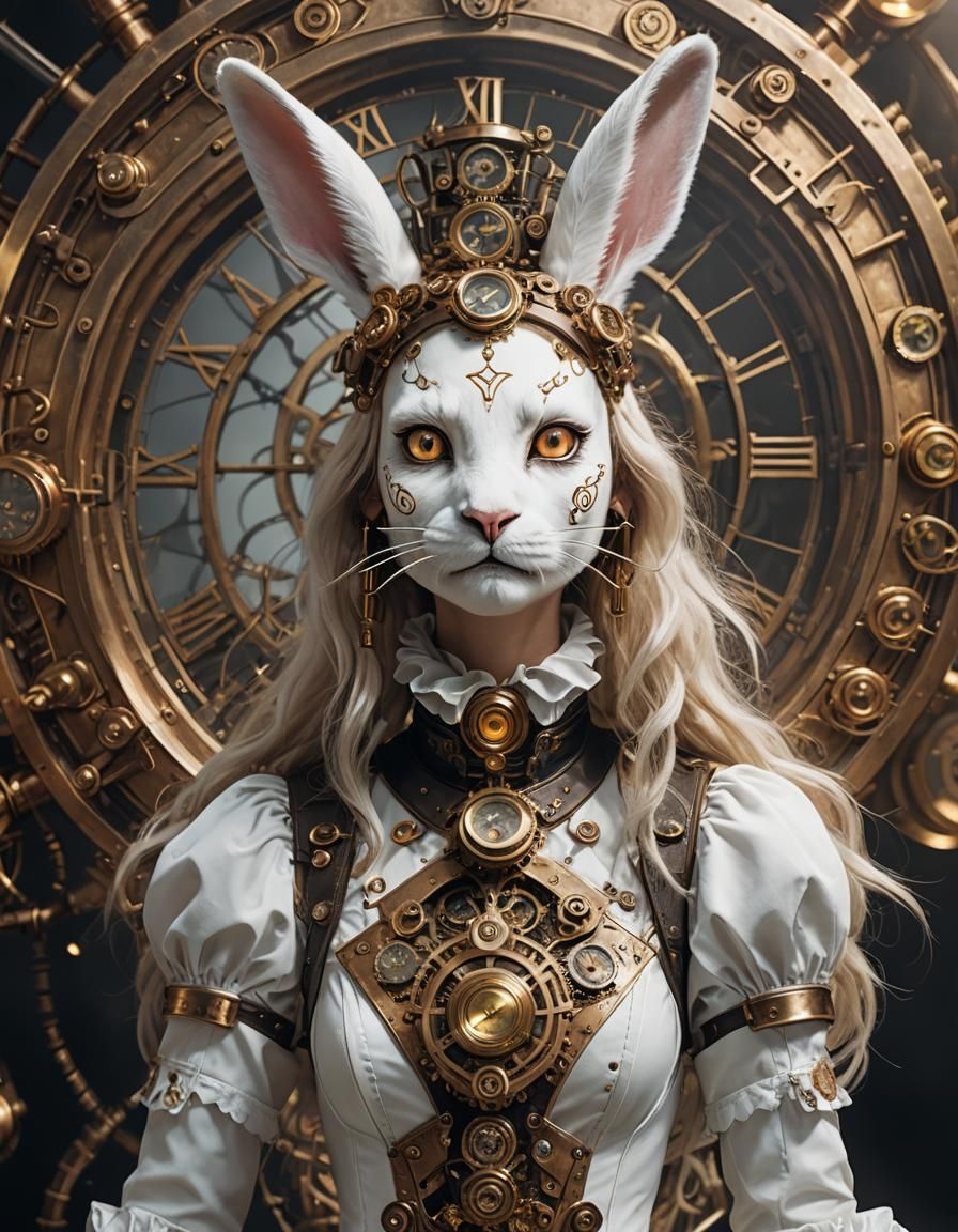 Steampunk White Rabbit with Golden Tiara in 8K