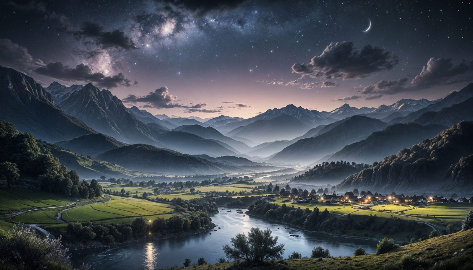 Photorealistic Night Landscape with Mountains and River