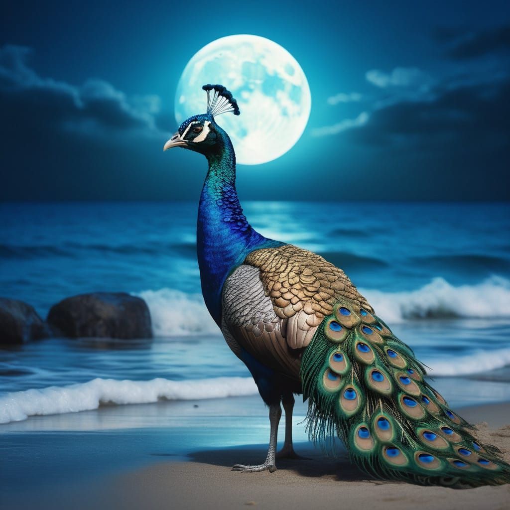 Majestic Peacock Under Starry Night Sky on Moonlit Beach